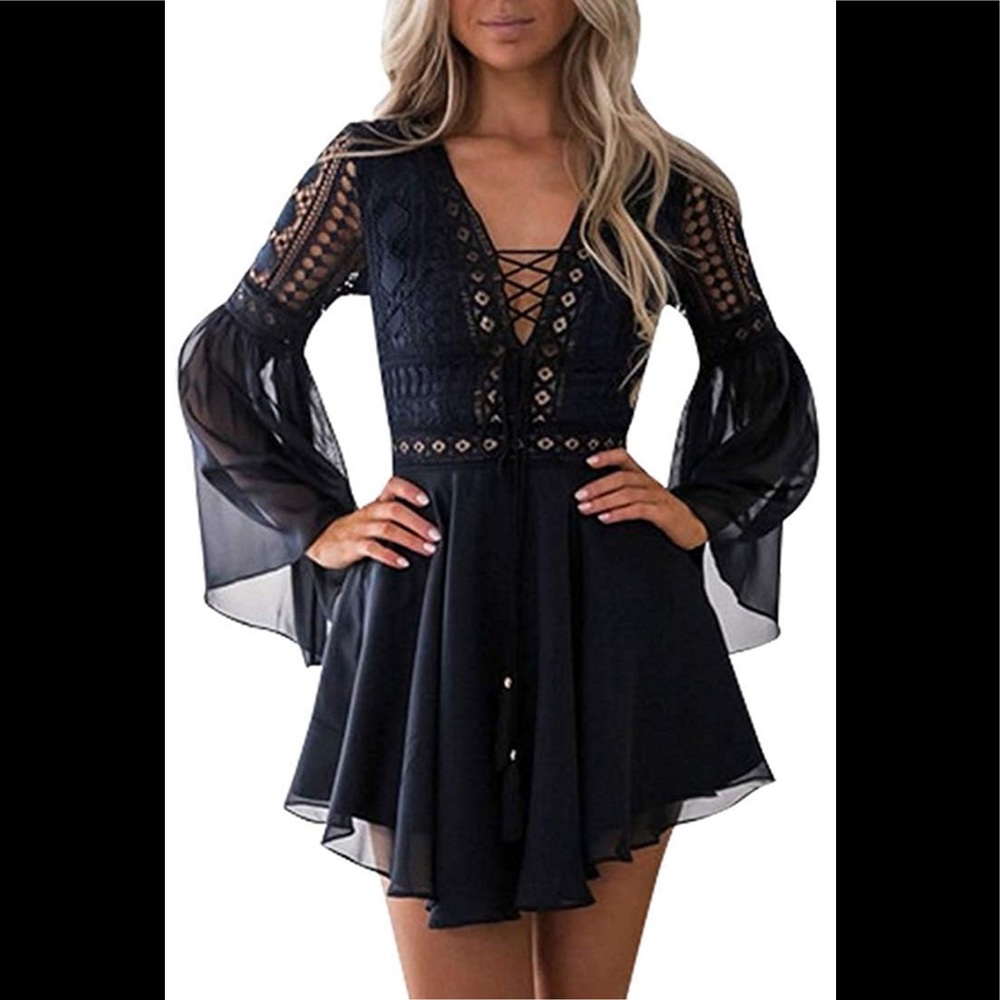 Women's Black Long Sleeve Lace-Up Fit & Flare Dress